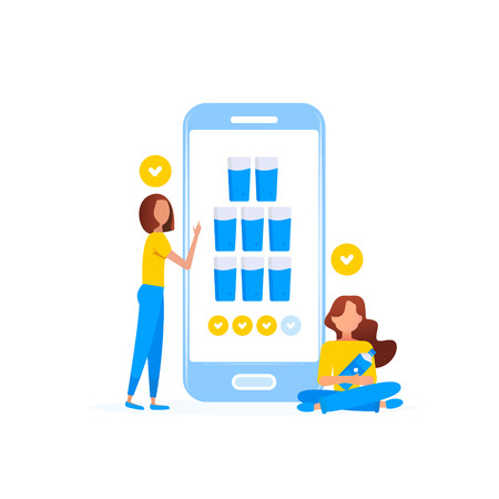 Smartphone with application for remind drink recommended dose of water every day with girls drinks water.のイラスト素材
