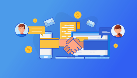 CRM concept illustration. Idea of business and technology. Two Businessmen shake hands each other for cooperation and make a dealのイラスト素材