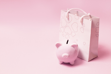 Piggy bank with bag on living coral background. Commercial concept.Top view point, flat lay.の写真素材