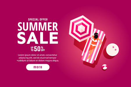 Sunbathe concept. Young woman relaxing with a cocktail on a tropical beach.のイラスト素材