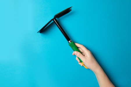 Garden hoe tool in female hand for vegetable gardenの写真素材