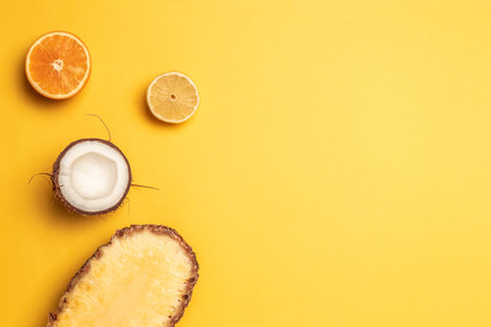 Tropical pineapple, oranges, lemon and coconut on a pastel background.