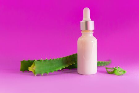 Skin care concept. Body masks. Cosmetic bottle with pipette with aloe leaves on a pink backgroundの写真素材
