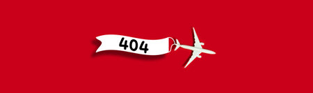Error 404 page layout design with with a toy airplane model and a ribbon with the inscription 404