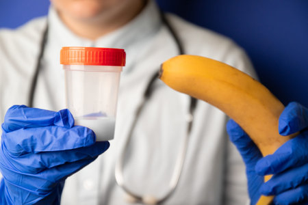 Medical concept of sperm testing, artificial insemination. Female doctors hands in medical blue...