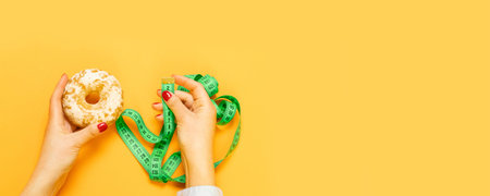 Female hand holding sweet biscuit and measuring tape over orange background. Concept of diet and...