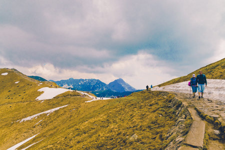 Beautiful panorama of green mountains hills with snow from Kars to Kasprowy Wierch in summer. Travel...
