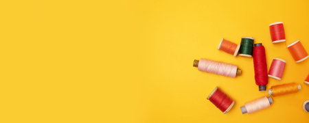 Sewing accessories and fabric on a yellow background. Sewing threads, needles, fabric, buttons and...