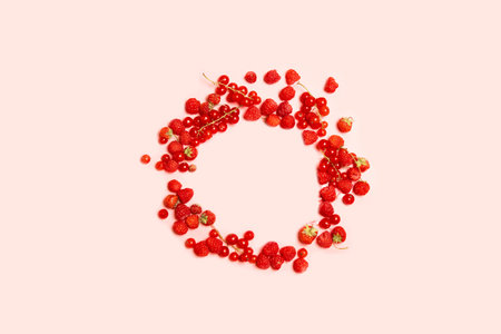 Creative food circle frame of red ripe currants, strawberries and raspberries with on a pink...