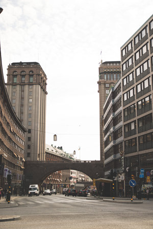 Stockholm, Sweden June 7 2019: City street with tall glass houses and architecture. Ground crossing