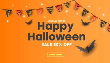Happy Halloween sale banner with pumpkins, stars, colored garlands and striped candy and bats on orange background Special seasonal offer.のイラスト素材
