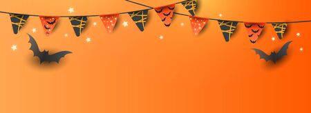 Creative Happy Halloween Sale banner with symbols pumpkin, colored garlands and candy on gradient orange background. Can be used for banner, voucher, offer, coupon, holiday sale.のイラスト素材