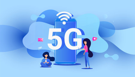 Creative 5G network wireless technology concept of people with gadgets use high speed Internet....