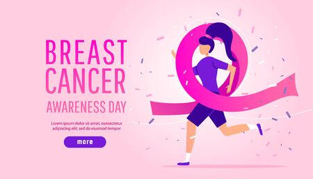 Winning concept of breast cancer awareness month. Young girl runs in a charity marathon with a pink ribbon on a gradient background. Template landing page.のイラスト素材