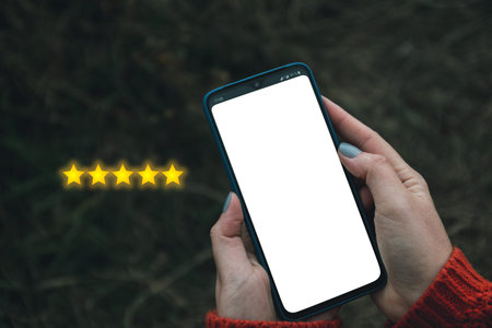 Feedback, review and increase rating concept banner. Digital phone user give five stars in his...