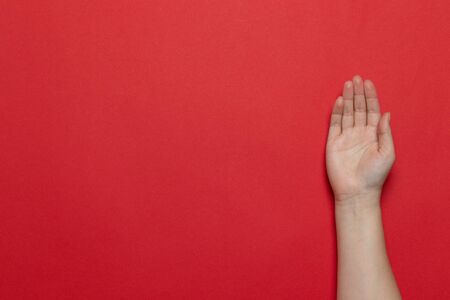 Female caucasian clean hand gesture of an open palm on red background. Flat lay style composition, top view.の写真素材