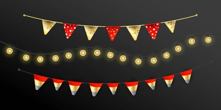 Carnival Christmas garland with flags garlands, lights realistic design lamps elements on a dark background for birthday celebration, festival and fair decoration.のイラスト素材