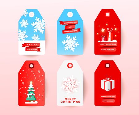 Trendy stylish sale tag set with editable labels with paper cut snow, christmas tree, surprise gifts and discount text for christmas holiday shopping promotion.のイラスト素材