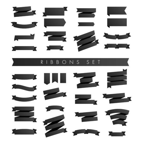 Modern minimalist set of black ribbons isolated on white Background with place for text. Vector Illustration. Can use for website, mobile app, poster, flyer, coupon, gift card, smartphone template, web designのイラスト素材