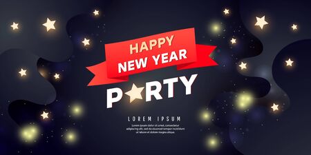 Happy New Year party banner. Holiday background with stars and golden confetti on a dark background.. Vector illustration for website, posters, couponsのイラスト素材
