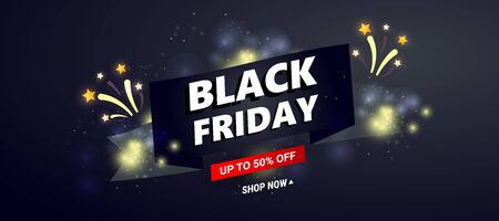 Black friday sale banner template. Dark background with black ribbon and sale text, fireworks, stars decor for seasonal discount offers.のイラスト素材