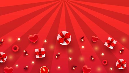 Minimalbackground template design for banner or invitation with balloons love, gifts, red bow and confetti on a red striped background.のイラスト素材