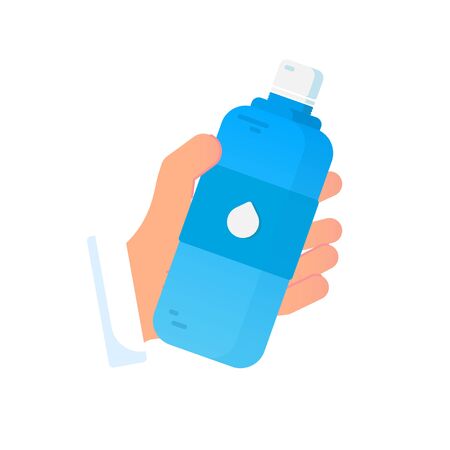 Hand holds a plastic water bottle. A cool mineral natural drink. Vector Illustration.のイラスト素材