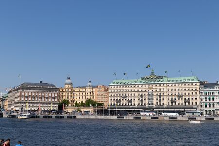 Stockholm, Sweden June 7 2019: Beautiful panorama of the promenade in Stockholm, Sweden. Amazing house architectureのeditorial素材