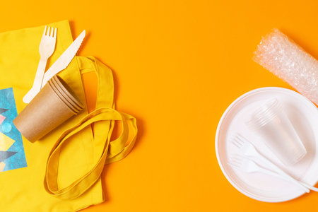 Paper and plastic wrestling concept, use paper bags, natural cotton bags and bags for products...