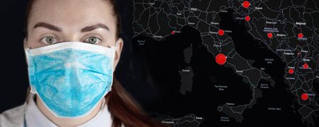 Europe is the center of the coronavirus epidemic. Female face in a medical surgical mask on a world map background. Protection against diseases, epidemics and virusesの写真素材
