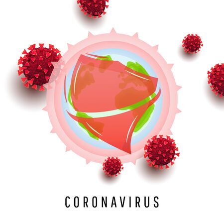 Covid-19 Coronavirus Outbreak concept with World globe map protection shield and 3d coronavirus bacteria cell infographics. Novel Coronavirus, 2019-nCoV.のイラスト素材