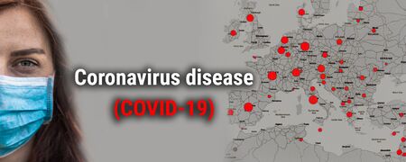 Global world map with red dots coronavirus epidemic and face of a fashionable girl in a medical mask on a gray background. Economic crisis concept. Coronavirus Covid 19の写真素材