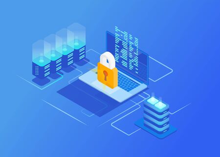 Isometric protection network security concepts. Cyber Security. Laptop with data and protection against hacker attacks. Vector illustrationのイラスト素材