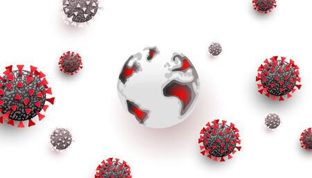 Corona virus covid-19 pandemic outbreak. 3d vector virus cells, bacterium or microbes on a white horizontal backgroundのイラスト素材