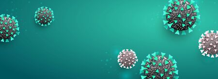 Covid 19. Coronavirus outbreak design with virus cell in microscopic on blue green background.の写真素材
