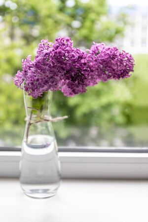 Bouquet of purple lilac flowers in glass vase, vertical photoの写真素材