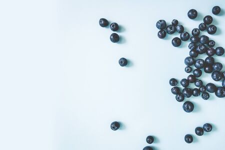 Tasty ripe blueberries pattern frame with copy space on blue background, top view, flat layの写真素材