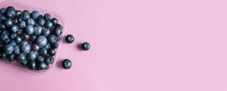 Ripe blueberry berries on a pink background. Place for your text.の写真素材