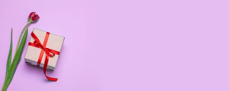Red tulip flower and gift with copyspace on lilac backgroundの写真素材