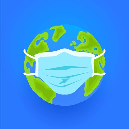 Globe in a protective medical mask on a blue background. Coveid 19 virus attack to the whole world.のイラスト素材