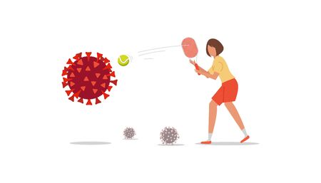 Coronavirus control concept. Cartoon girl with a racket hits the tennis ball to destroy the virus cove 19のイラスト素材