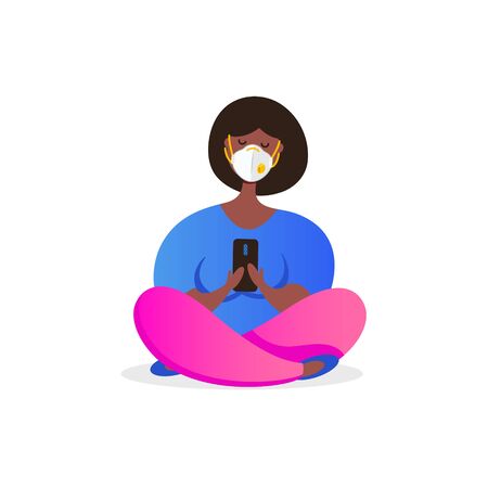 African american woman in medical protective mask N95 with smartphone sitting in lotus position flat vector illustration. Smartphone player app, healthy lifestyle conceptのイラスト素材