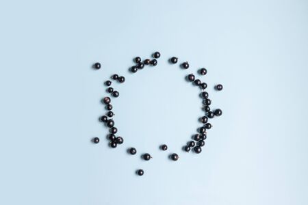 Organic black currant berries circle frame isolated on blue background. Top view. Flat lay Summer harvest conceptの写真素材