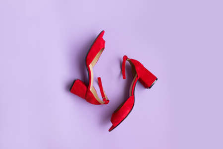 Stylish new shoes on a colored background. Top view, flat layの写真素材