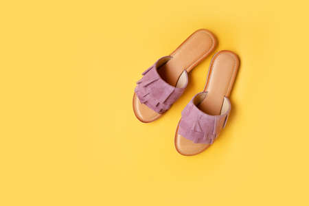Stylish new shoes on a colored background, top view. Top view, flat lay. Beauty blog concept.の写真素材