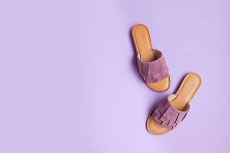Various womens shoes on a colored background, top view. Top view, flat lay. Beauty blog concept.の写真素材