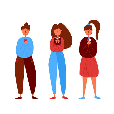 Cartoon young people isolated on white background. A guy uses a smartphone, young Students studying textbooks, and a woman holds an ice cream. Vector illustration, flat lay styleのイラスト素材