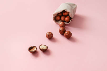 Macadamia nuts in bag on a pink background design for poster, article or bannerの写真素材