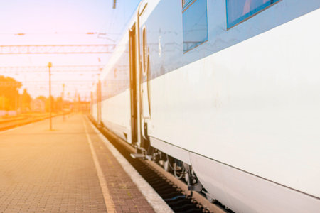 High-speed train on rails on the railway station platform on sunny day. Modern intercity train on...