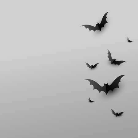 Minimal creative background with paper scary black bats on gray background with copy space. Halloween concept, copyspace, flatlay, top view. Vector illustration.のイラスト素材